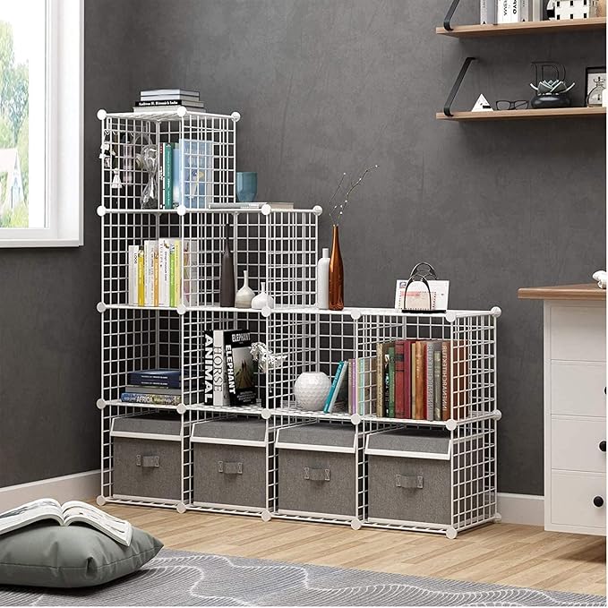 C&AHOME Wire Cube Storage, 12-Cube Storage Organizer Metal, C Grids Storage Bins Shelving, Modular Bookshelf Shelf, Closet Cabinet Ideal for Bedroom, Office 36.6”L x 12.4”W 48.4”H White
