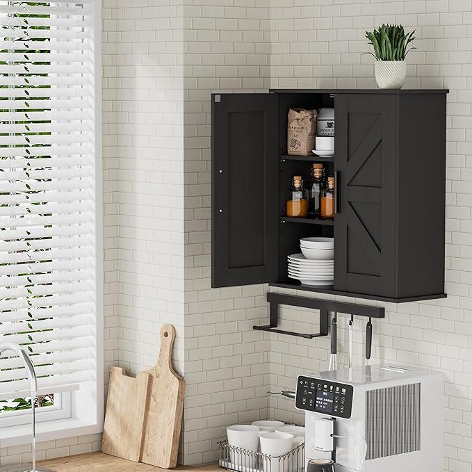 Bathroom Wall Cabinet, Over Toilet Storage Cabinet with Barn Doors and Adjustable Shelves, 3-Tier Medicine Cabinet Wall Mounted, for Bathroom, Kitchen, Entryway, Laundry Room, Black, (7.9" D)