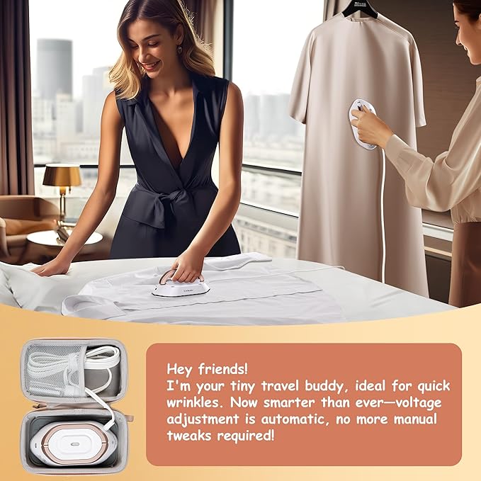 Newbealer Travel Iron with Global Voltage, 100-240V Mini Dry Iron for Clothes (No Steam), Max 300W, 60s Heat Up, 302℉ Non-Stick Ceramic Soleplate, 0.8lbs (Gold with Hard Case)