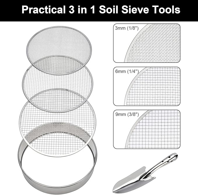 Soil Sieve Stainless Steel Riddle Sieve Set, 12" Diameter, with 3 Interchangeable Filter Mesh Sizes 3,6,9mm and Shovel