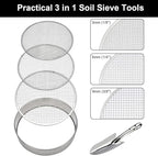 Soil Sieve Stainless Steel Riddle Sieve Set, 12" Diameter, with 3 Interchangeable Filter Mesh Sizes 3,6,9mm and Shovel