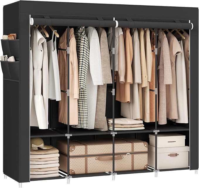 SONGMICS Portable Closet, Wardrobe Closet Organizer with Cover, 4 Hanging Rods and Shelves, 4 Side Pockets, 17.7 x 66.9 x 65.7 Inches, Large Capacity for Bedroom, Living Room, Ink Black URYG094B02