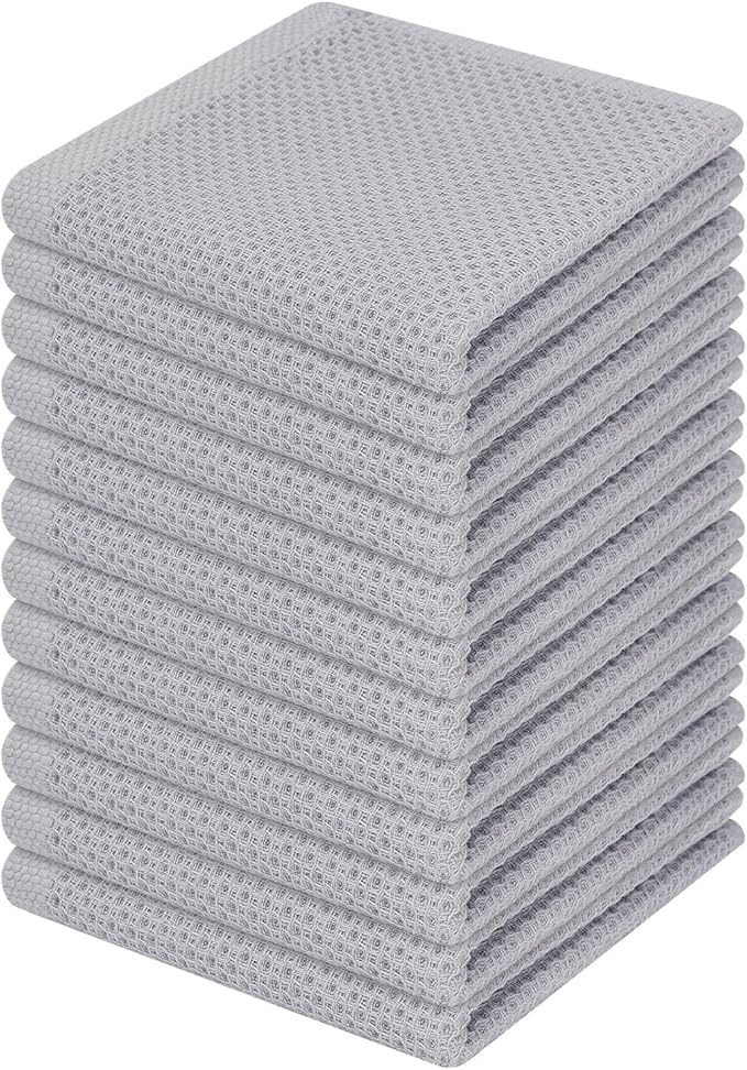 Homaxy 100% Cotton Waffle Weave Kitchen Dish Cloths, Ultra Soft Absorbent Quick Drying Dish Towels, 12 x 12 Inches, 12-Pack, Light Gray