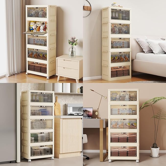 5 Tier - 34QT Storage Bins with Lids, Collapsible Storage Bins with Doors and Wheels, Plastic Storage Cabinet for Easy Storage and Organization for Living Room, Office