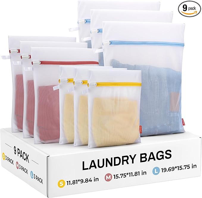 9 Pack Laundry Bag, Mesh Laundry Bags with Sturdy Zipper, Hanging Loop and Breathable Fine Net, Artisans Made Wash Bags for Lingerie, Delicates, Underwear, Pants, Shoes, Socks
