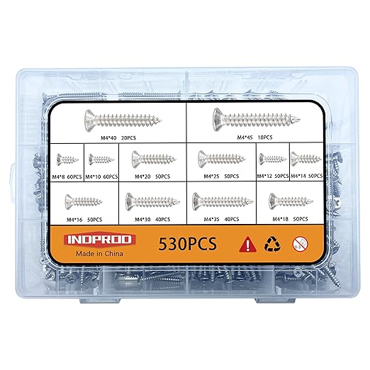 M4 Wood Screws Assortment Fasteners Kit 530Pcs,304 Stainless Steel Self-Tapping Screws,Phillips Drive Sheet Metal Screws Set,Countersunk Flat Head Assorted Screws,Self Tapping Screws for Metal