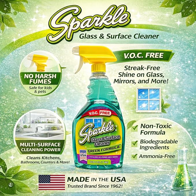 Sparkle Glass Cleaner Green Formula, Streak-Free Window, Mirror & Glass Surface Cleaner, 1 Gallon 128 Fl Oz Refill (Pack of 2)
