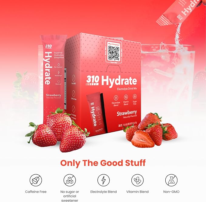 310 Nutrition Sugar Free Electrolytes Powder - Instant Hydration Packets for Daily Fluid Balance - Caffeine-Free Rehydration Drink Mix w/Vitamins, Low Calorie & Keto Friendly - Strawberry 30 Singles