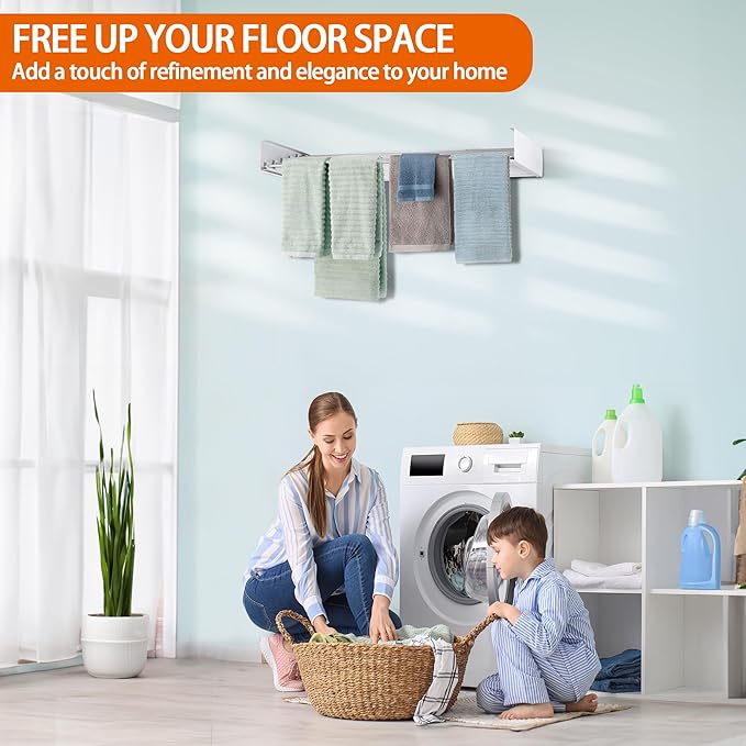 FOCHIER F Laundry Drying Rack Wall Mounted Clothes Drying Rack Foldable with 5 Aluminum Rods and Drilling Template Long Screwdriver Bit 60 lbs Capacity (White, 40")