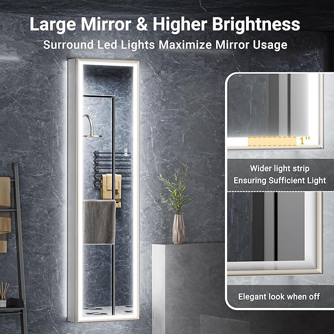 16"x60" Tall Lighted Medicine Cabinet with Mirror & Brush Nickel Bevel Frame, Surface or Recessed LED Mirror Cabinet with Outlet, 5-Tier Adjustable Shelf & Sensor Inner Light (Right Hinge)