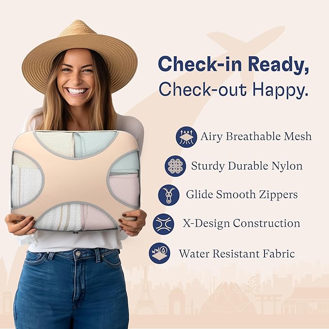 Shacke Premium 8 Packing Cubes Set - Lightweight Mesh Travel Luggage Organizers with Laundry Bag, 8-Piece Suitcase Storage System (Nude Biege)