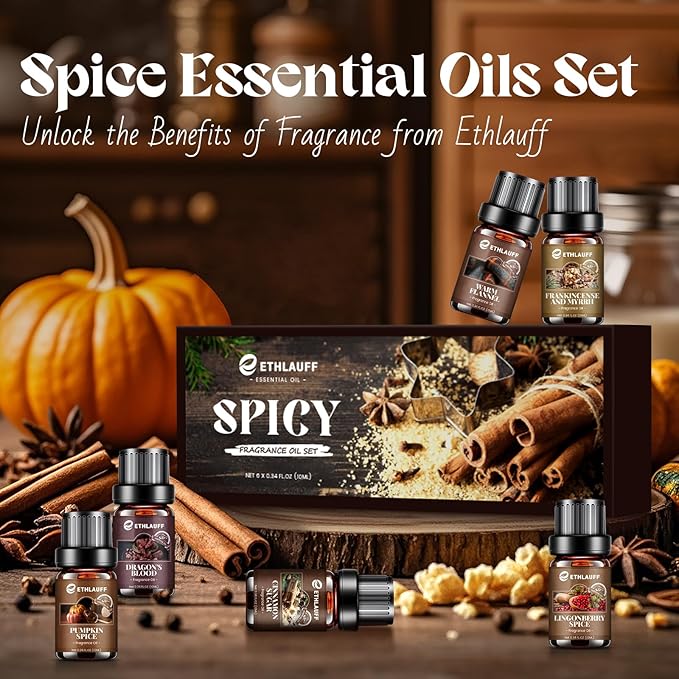 Fall Essential Oils Set, Pumpkin Spice, Frankincense & Myrrh, Cinnamon Sugar, Fall Scented Oil for Candle, Soap Making, Essential Oils for Diffuser Home 6 * 10 ml