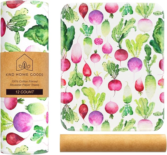 Reusable Paper Towels (12"x10”) - Soft Absorbent 100% Cloth Paper Towels-Washable Paper Towels Rolls w/Cardboard Roll-Reusable Napkins Washable-Dish Cloths (Summer Radish, 12x10inch)