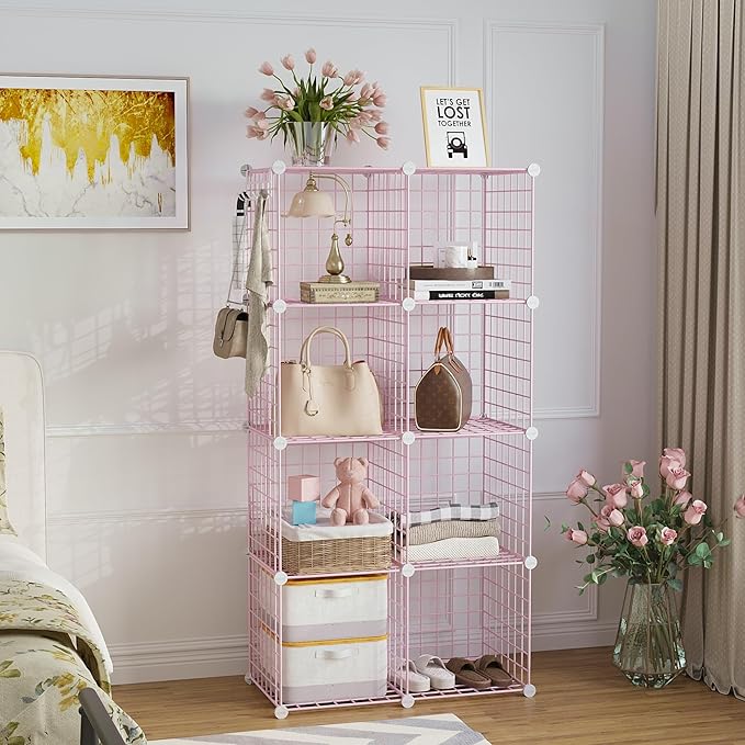 C&AHOME Wire Cube Storage, 8 - Cube Organizer Metal C Grids, Modular Shelves Units, Closet Organizer, Ideal for Home, Office, Living Room, 24.8" L x 12.4" W x 48.4" H, Pink UWCS3008P
