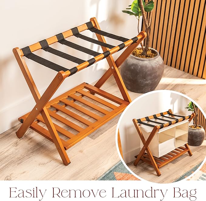 Fully Assembled 26.75" Folding Bamboo Luggage Rack Holder with Removable Laundry Bag & Storage Shelf – Heavy Duty, Space Saving Foldable Suitcase Stand for Guest Rooms, Bedrooms & Hotels - Holds 165 lbs