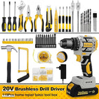 119 Pcs Cordless Drill Tool Kit Set; 20V Brushless Power Drill with 2.0Ah Battery, 10mm 3/8" Keyless Chuck, 60N.M & 21+1 Torque Setting Power Tool Set for DIY Garden House Office Repai