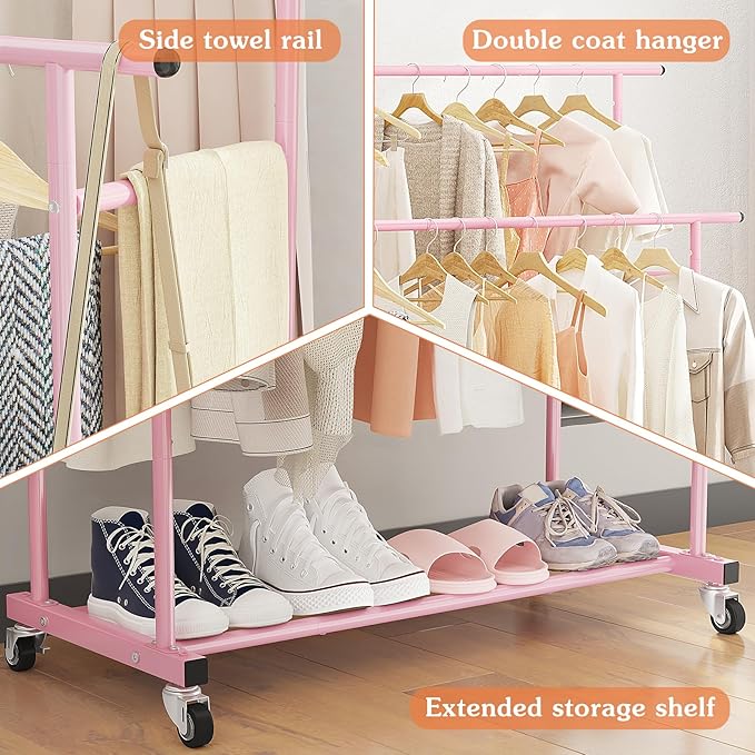 Calmootey Double Rod Clothing Garment Rack,Rolling Hanging Clothes Rack,Portable Clothes Organizer for Bedroom,Living Room,Clothing Store,Pink