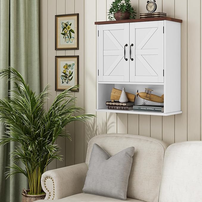 Bathroom Wall Cabinet with Barn Doors, Wall Mounted Bathroom Cabinet, Farmhouse Style, Adjustable Shelf, Wall Mounted Medicine Cabinets, White