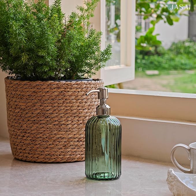JASAI 18Oz Green Soap Dispenser with Rust Proof Pump, Refillable Bathroom Soap Dispenser with Thick Glass, Kitchen soap Dispenser for Dish soap, Hand Soap, Lotion, Body Wash.