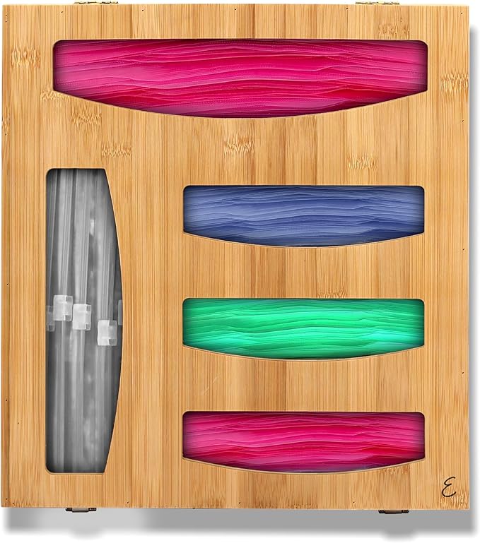 Emeril Lagasse Bamboo Bag Storage Organizer – 5-Compartment Food Storage Bag Holder for Kitchen Drawers & Countertops – Durable Bamboo, Universal Fit for Slider & Zipper Bags