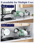Kitsure Extendable Dish Drying Rack, Large Drying Dish Rack with Cutlery & Cup Holders, Multifunctional Dish Racks for Counter with Drainage, 18.2"-25.7" L x 12.9" W, Grey