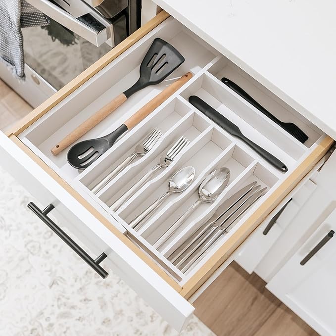 Premium Silverware, Flatware and Utensil Organizer for Kitchen Drawers, Food-Safe Contract Grade, Expandable from 10.5 to 19 In, White Bamboo