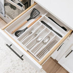 Premium Silverware, Flatware and Utensil Organizer for Kitchen Drawers, Food-Safe Contract Grade, Expandable from 10.5 to 19 In, White Bamboo