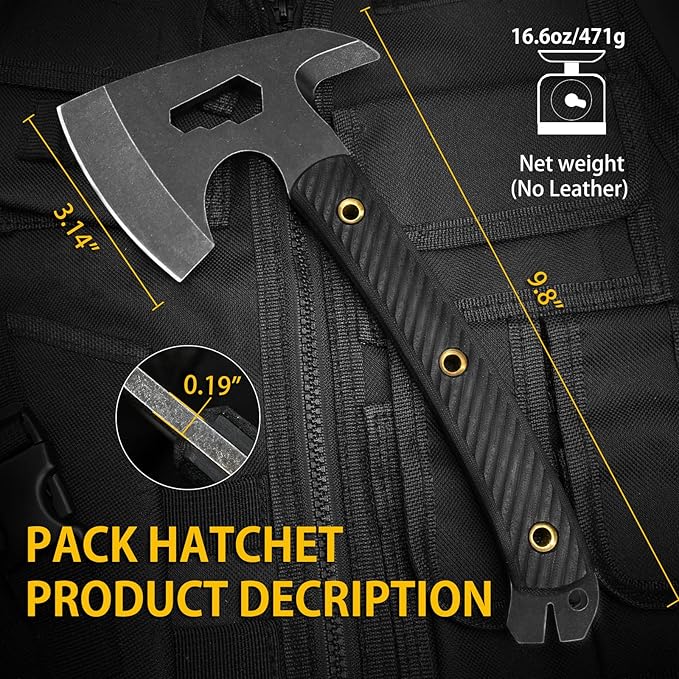 NedFoss Bison 9.8" Tactical Hatchet Axe, Tomahawk Hatchet with Genuine Leather Sheath and G10 Handle, Compact Camping Gear Bearded Axe, Multifunctional Survival Axe with Spike Tools, Camping Axe