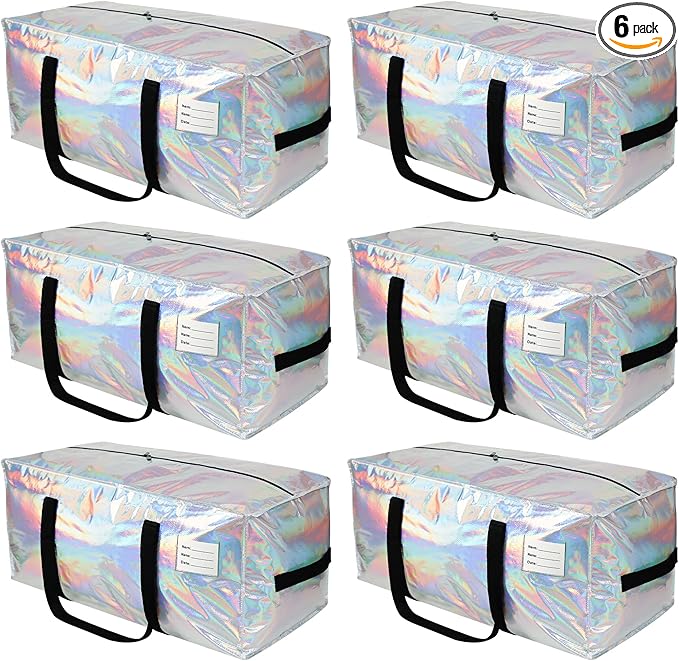 JCBZAMZ 6 Pack Heavy Duty Moving Bags Extra Large Waterproof Foldable Clothing Storage Totes Bags with Zipper,Reinforced Handles,Packing Moving Boxes for Dorm & Seasonal Storage,Iridescent