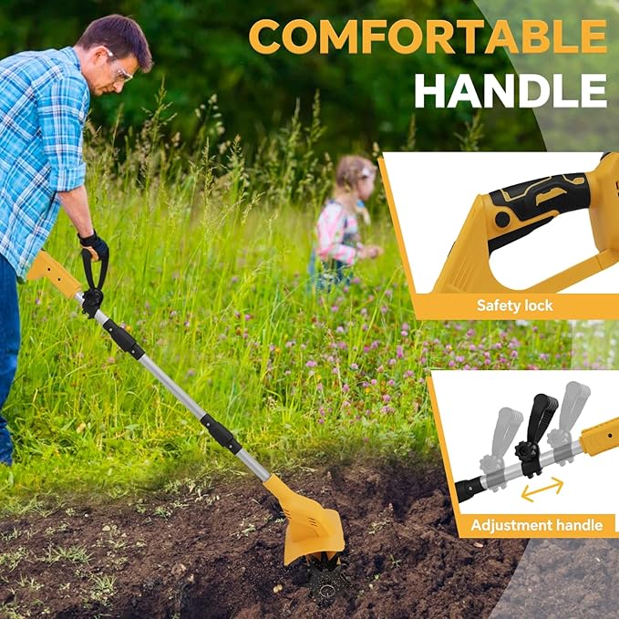 Cordless Tiller Cultivator for Dewalt 20v Battery, 500W Brushless Garden Tiller, 8.7" Tilling Width and 6.3" Depth, 330RPM Electric Rototiller for Gardening, Soil Cultivation(No Battery)