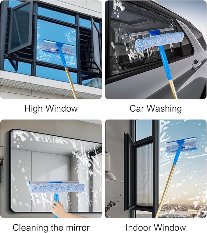 2 in 1 Window Squeegee Cleaning Kit with Aluminum Alloy Extension Poles, Scrubber, Glass Scrapper, Bendable Duster,2 Scrubber Cloth for Window, Car, Floor, Home, Garden