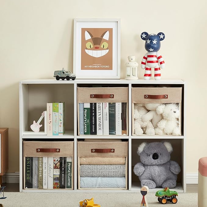 Storage Cube Organizer with Clear Window, Linen Collapsible Storage Boxes with PU Handles, Cube Storage Bins for Shelf, Closet, Cabinet, Bookcase (13x13x13, Khaki)