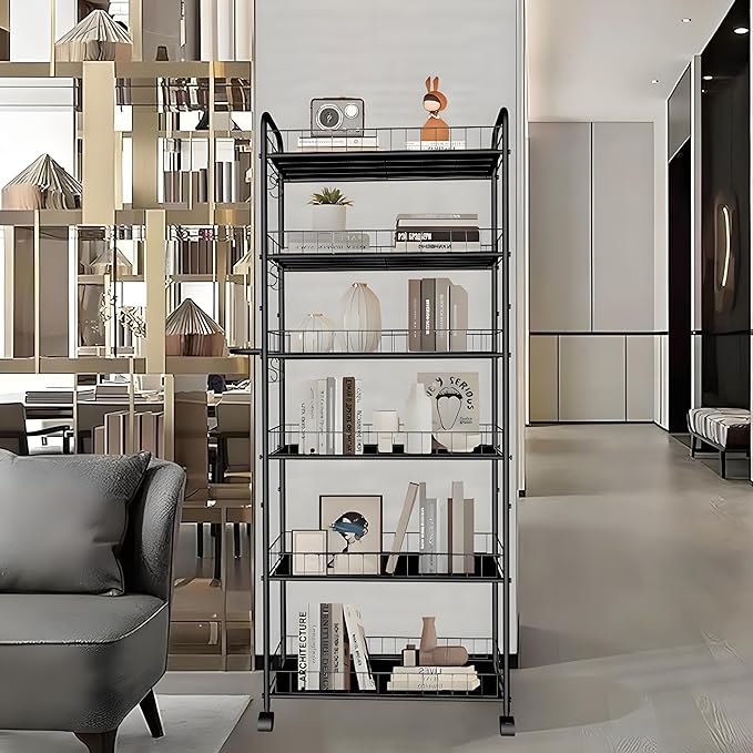 6 Tier 10in Slim Rolling Storage Cart with Handle, Mobile Shelving Unit with Wheels, Metal Wire Storage Rack with Baskets for Kitchen Bathroom Office Laundry Narrow Piaces
