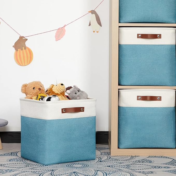 HNZIGE Fabric Storage Cubes Baskets,13 Inch Cube Storage Bins with Handles(4 Pack) Decorative Storage Baskets for Organizing Clothes, Toys, Closet, Nursery (Teal White)