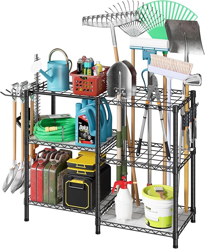 T3 Garden Tool Organizer（With 6 Shelves and 3 PP Panel）Heavy Duty Garage Tool Storage for Yard，Shed and Lawn，Freestanding Tool Organizers and Storage UP to 80 Tools，Black with Anti-Tip Device