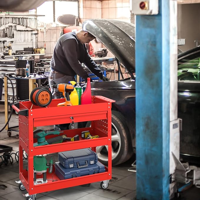 3 Tier Rolling Tool Cart with Drawer, 450 LBS Heavy Duty Utility Cart on Wheels, Service Cart for Garage, Workshop and Warehouse (Red)