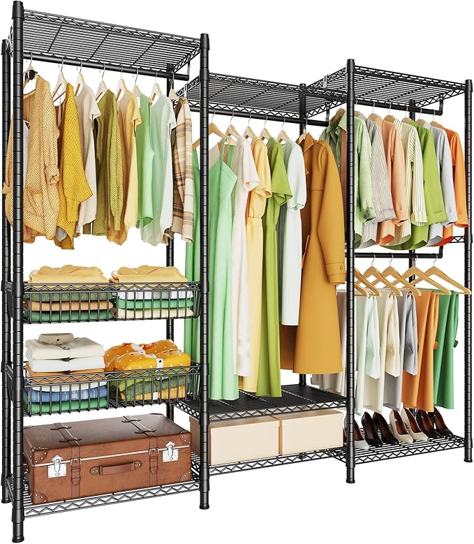 LEHOM G8 Wire Garment Rack, Heavy Duty Clothes Rack with 2 Storage Baskets, Adjustable Compact Clothing Rack for Hanging Clothes, Free Standing Closet Wardrobe for Bedroom,68.5"L x15.7"Wx70.8"H,Black