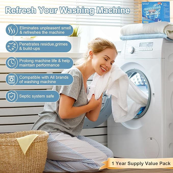 Washing Machine Cleaner, Deodorizer, & Descaler 24-Pack- Deep Cleaning Tablets for HE Front Loader & Top Load Washer, Septic Safe Eco-Friendly