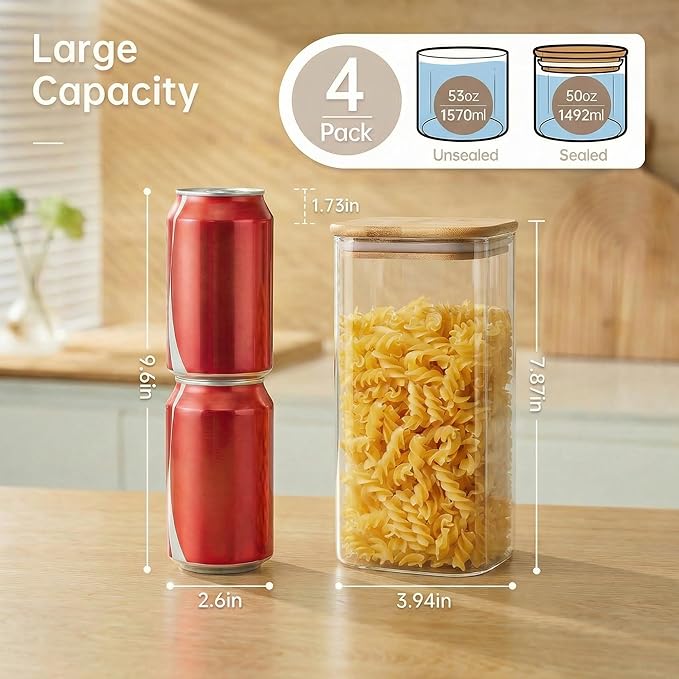 HomArtist Square Glass Jars with Bamboo Lids 53 FL OZ [Set of 4], Glass Canisters with Airtight Lid, Glass Food Storage Containers for Pasta, Cereal, Coffee, Flour, Sugar, Best for Kitchen & Pantry