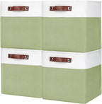 Collapsible Fabric Storage Cubes 11x11 Cube Storage Bins, 4 Pack Closet Baskets Box with Handles for Organizing, Shelf, Toys, Clothes, Home, Office, Nursery (Green&White)