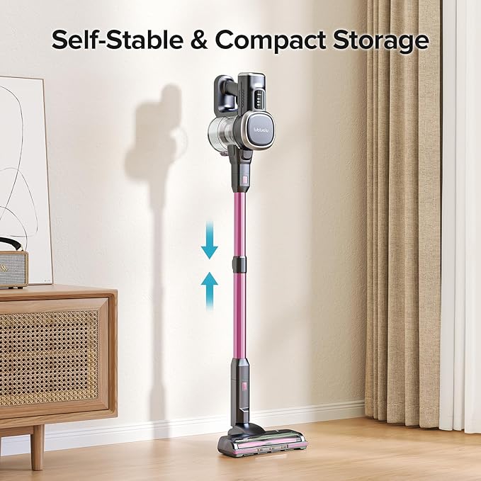 Lubluelu Upgraded 45 kPa Cordless Vacuum Cleaner with Powerful Suction, Self-Standing Stick Vacuum Up to 50mins, Detachable Battery, Versatile Vacuum for Pet Hair, Carpet, Hard Floor - Peach Pink