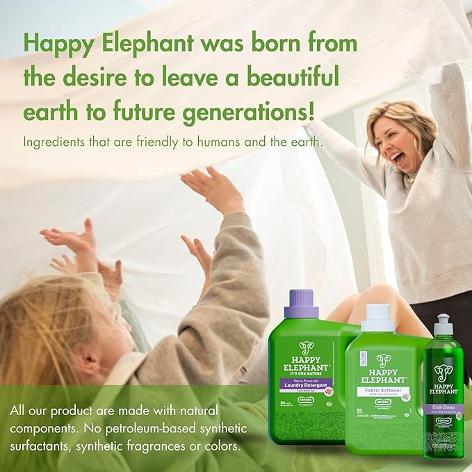 Happy Elephant Liquid Laundry Bundle, White Tea & Fig Scent, Natural Laundry Detergent & Fabric Softener, Plant Based, Stain Remover & Fabric Conditioner, Gentle on Skin, 64 Fl Oz Each, 2 Pack
