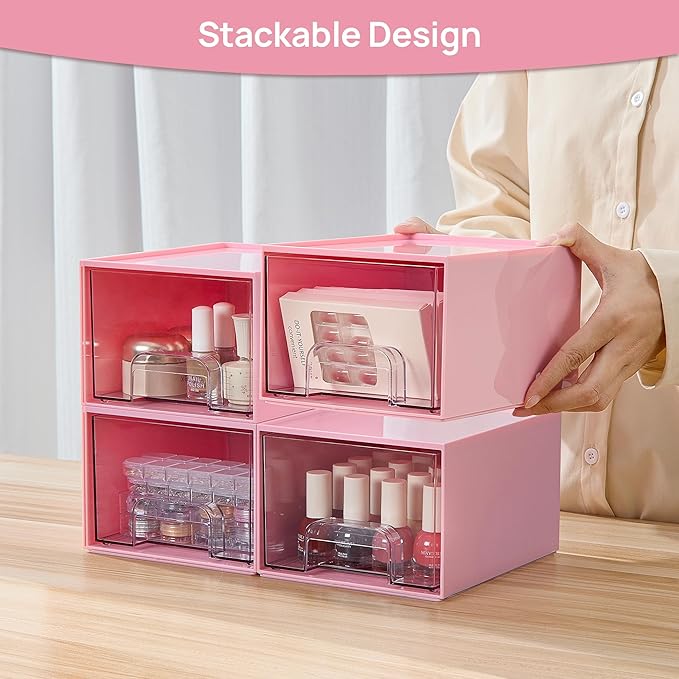 Vtopmart 4Pack Stackable Storage Drawers, 4.4'' Tall Bathroom Makeup Organizer,Plastic Storage Bins For Vanity, Undersink, Kitchen Cabinet, Pantry, Home Organization(Pink)