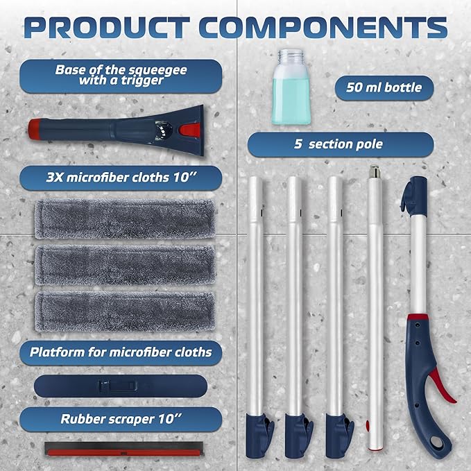 DSV Standard Window Squeegee with 2 Spray Triggers, Window Cleaning Kit with Extendable Pole 23’’- 76.7’’, Rubber Scraper and 3X Microfiber Clothes for 2 Story Houses, Shower, Glass, Mirror
