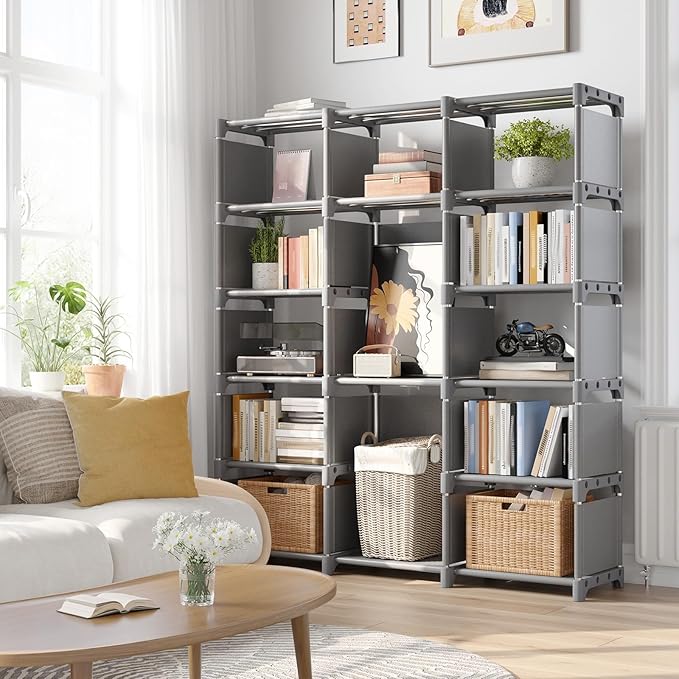 REIBII Book Shelf, 13 Cube Storage Organizer, DIY Bookcase for Bedroom, Office, Living Room, Closet, 12" D x 47.24" W x 59.05" H, Grey