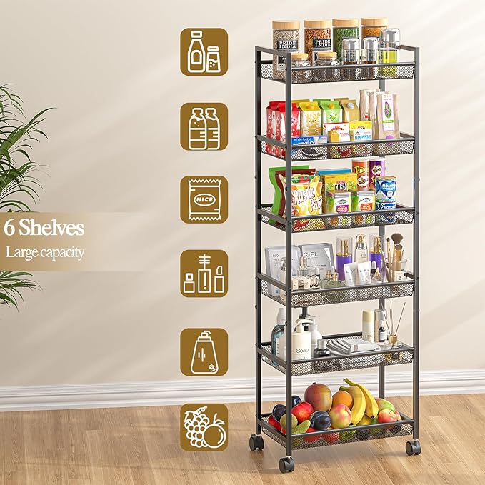 6 Tier Slim Rolling Storage Cart, Narrow Mobile Shelving Unit Organizer Utility Cart with Wheels, Metal Wire Storage Rack with Baskets for Kitchen, Bathroom, Laundry & Living Room, 10in(W)