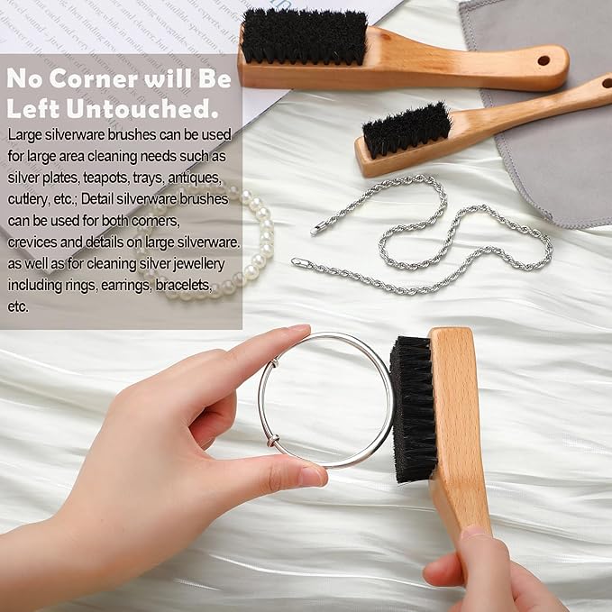 Patelai 6 Pieces Silver Polish Set, 4 Cleaning Horsehair Silver Brushes with 2 Pieces Silverware Polishing Cloth Jewelry Cleaning Kit for Detail Work, Jewelry Tarnish Silverware Plateware