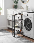 VASAGLE Slim Rolling Cart, 4-Tier Narrow Storage Cart with Handle, 5.1 Inches Deep, Metal Frame, for Kitchen, Dining Room, Living Room, Home Office, Rustic Brown and Classic Black ULRC032B01V1