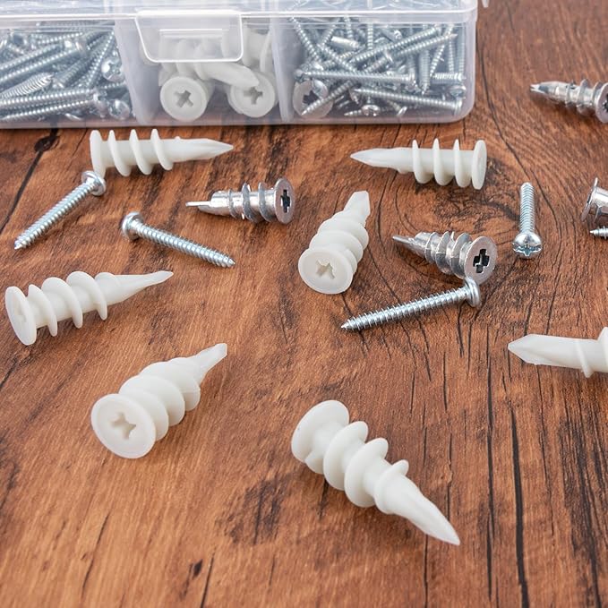 KURUI Self Drilling Drywall Anchors Assortment Kit, 200PCs Picture Hanging Kit for Frame,Curtain Rods,Art Hanging, 100PCs #6 Heavy Duty Metal Dry Wall Anchors 100PCs #8 Plastic Drywall Hangers