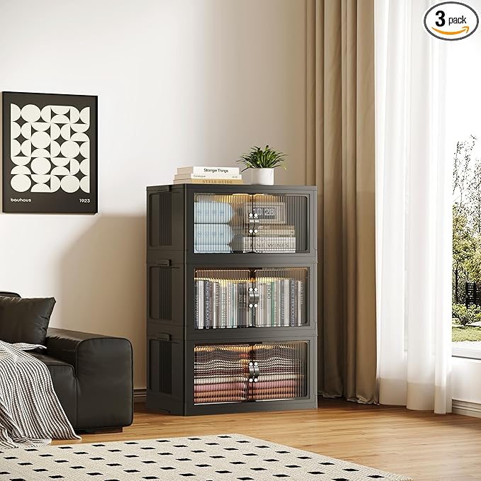 SAILUN 83Gal/335Qt Stackable Storage Bins Folding Collapsible Storage Bins with Lid, Closet Organizers and Storage, Black 26" W x 17" D x 43.7" H